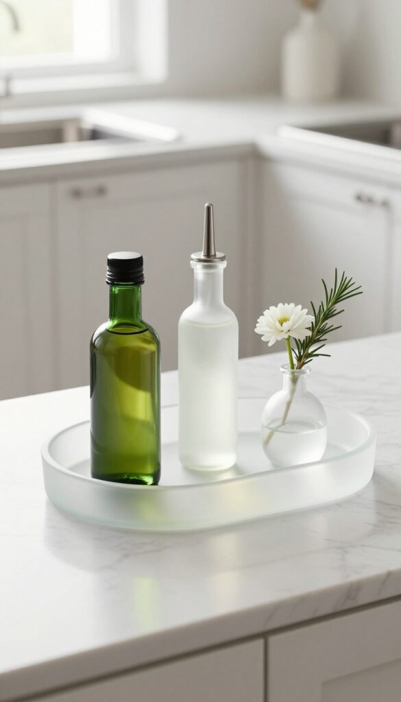 Frosted glass tray with oil bottles and a small flower vase on a white marble countertop in a bright kitchen.