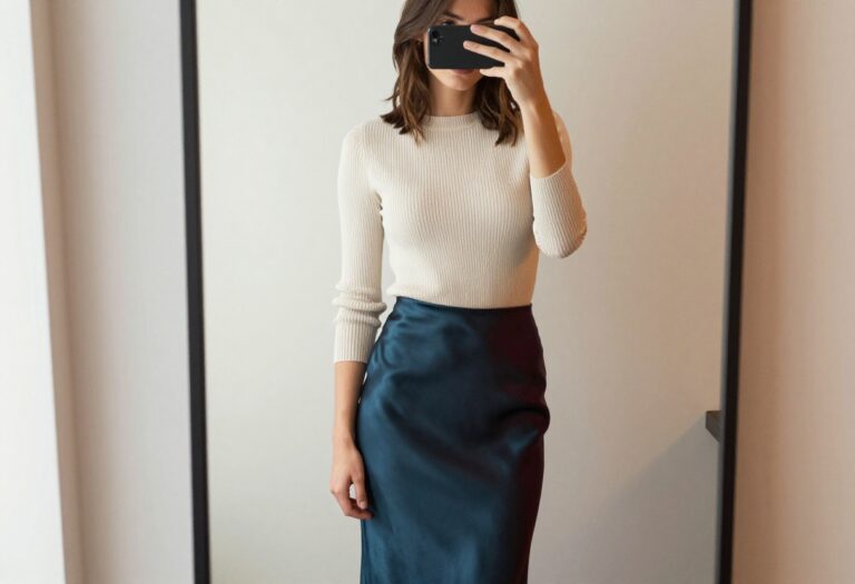 A woman taking a mirror selfie wearing a satin midi skirt and fitted knit top, showcasing a chic casual dinner outfit with balanced textures and a polished yet relaxed vibe.