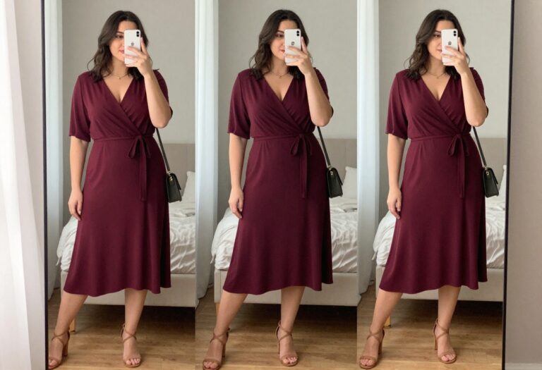 Plus-size woman in a burgundy wrap dress and heeled sandals taking a mirror selfie, showcasing a stylish date-night outfit.