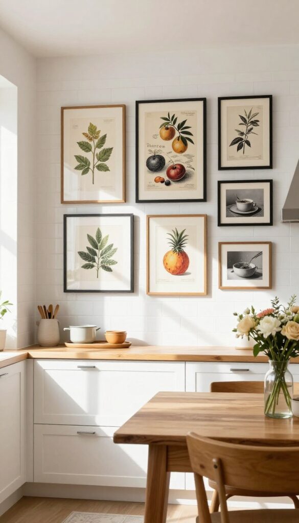 A gallery wall of vintage kitchen prints in a bright, elegant kitchen with white cabinets and natural light.
