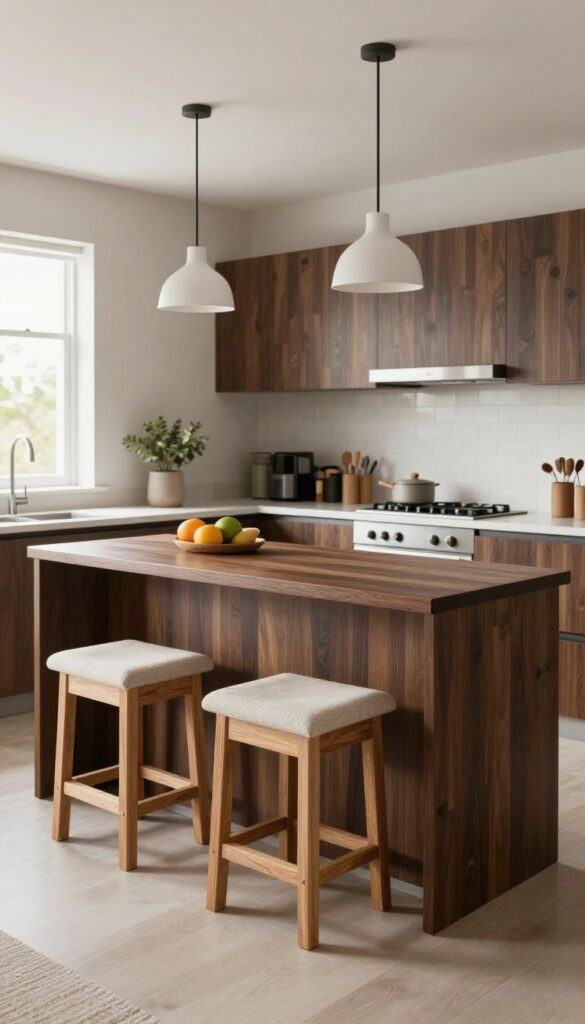 Modern Minecraft kitchen with dark oak breakfast bar and stools under pendant lights