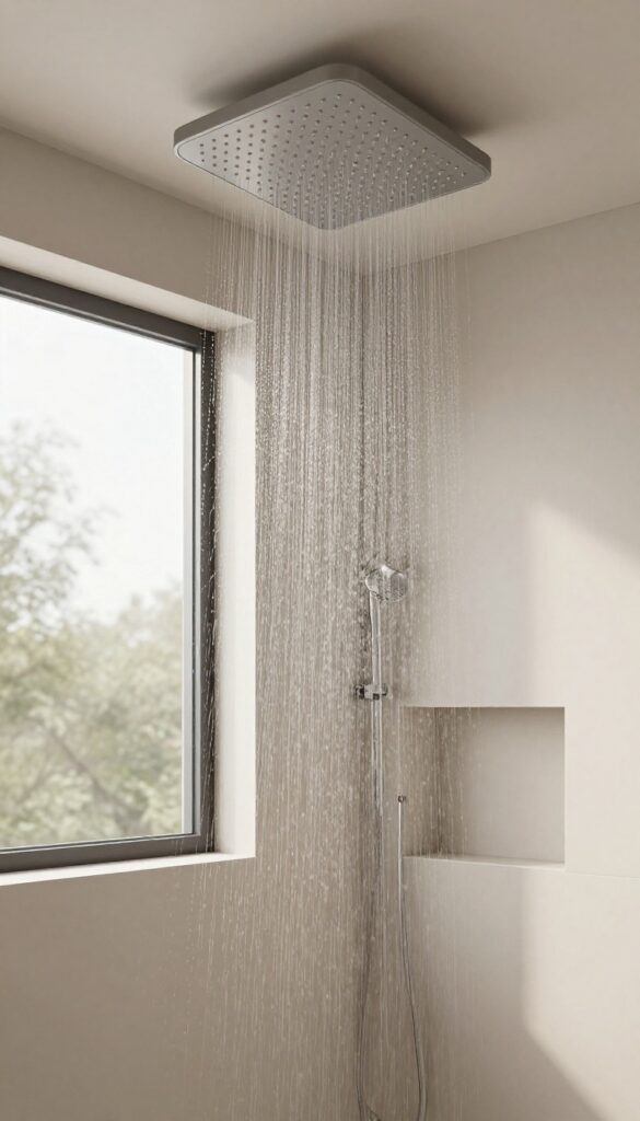 A photorealistic bathroom scene featuring a ceiling-mounted rainfall showerhead with gentle water spray, neutral tiles, and natural lighting for a spa-like feel.