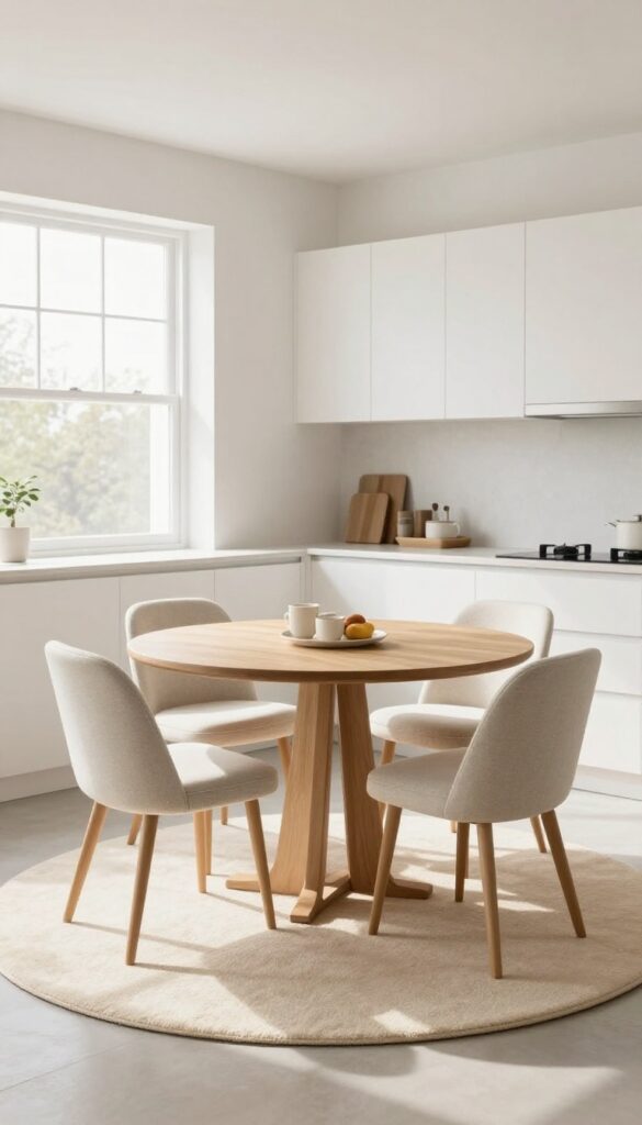 Round rug under a breakfast nook table in a bright kitchen