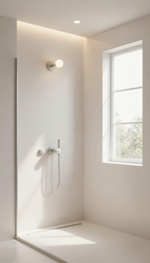 Modern wet shower room with layered lighting including overhead and wall-mounted fixtures for ambiance and functionality.