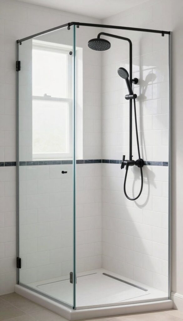 A bright, spacious shower stall with vertical white subway tile and a dark grout accent stripe, featuring frameless glass and matte black fixtures.