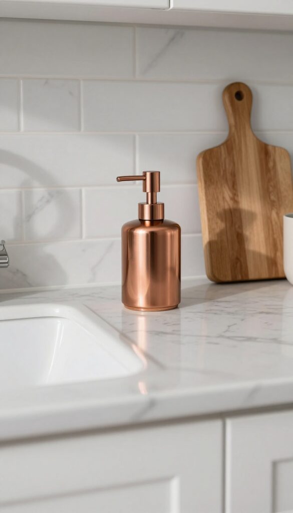 Copper soap dispenser on a kitchen counter with white cabinets and gray backsplash