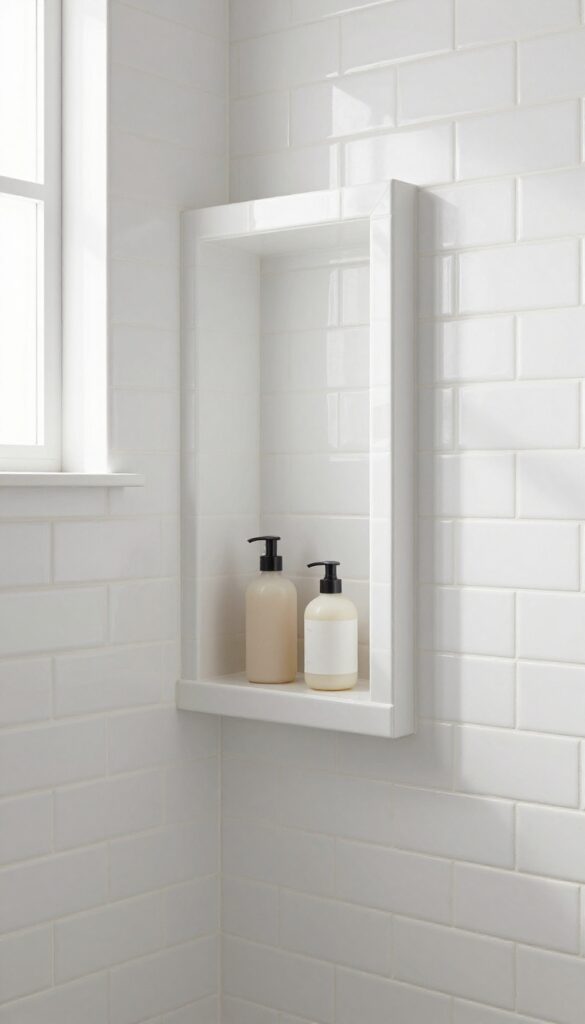 A built-in tile niche in a bathroom shower with matching white subway tiles, showcasing neatly arranged products for a seamless and tidy look.