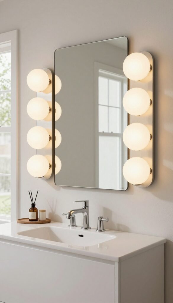 A bathroom vanity with globe lights providing soft, even illumination for flattering lighting in a mid-century modern style