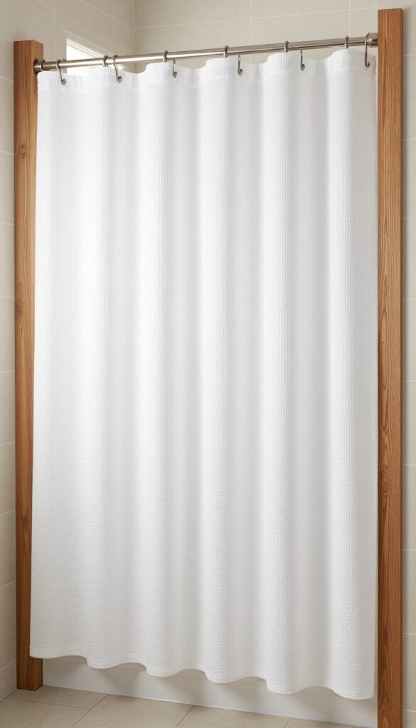 White waffle weave fabric shower curtain in a bright bathroom with wood accents and natural light