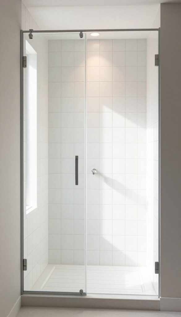 A sleek modern shower with vertical subway tiles in a stack bond layout, creating height and order with clean lines and natural light
