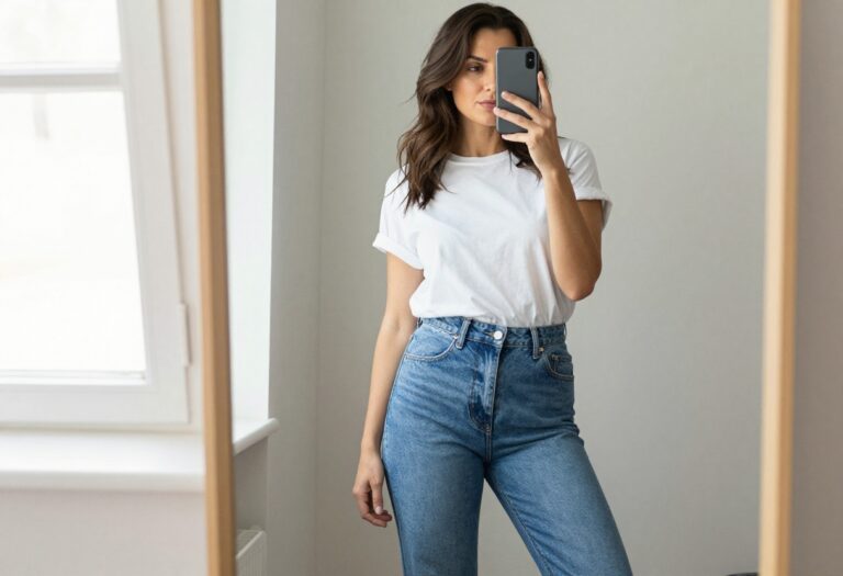 Midsize woman taking a mirror selfie wearing high-waisted straight jeans and a relaxed white tee, casual outfit idea.