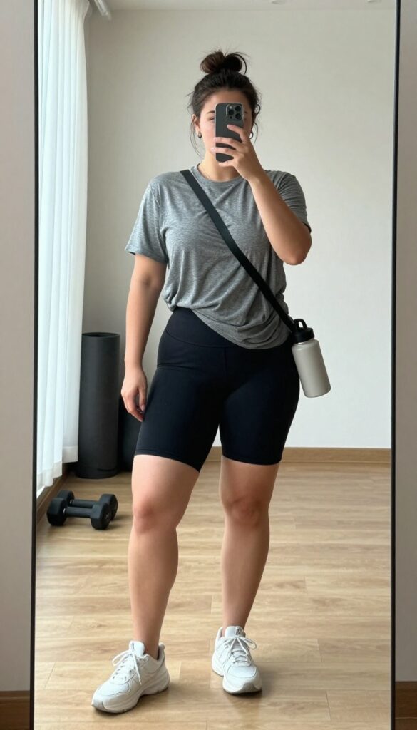 Plus-size woman in oversized tee and bike shorts taking a mirror selfie in a bright gym, showcasing a relaxed and confident workout outfit.