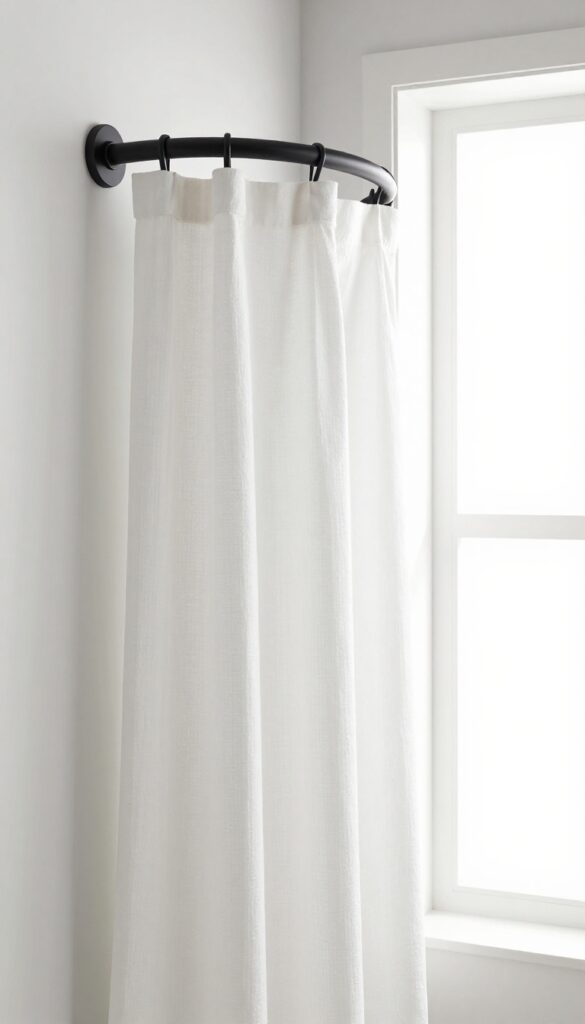 Curved shower rod in a bright bathroom with soft curtains and natural light
