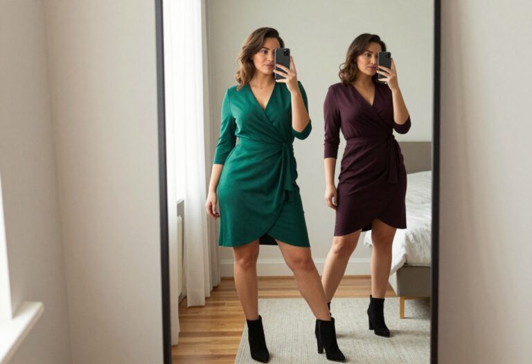 Plus-size woman in a wrap dress and heeled boots taking a mirror selfie for a night out outfit inspiration.