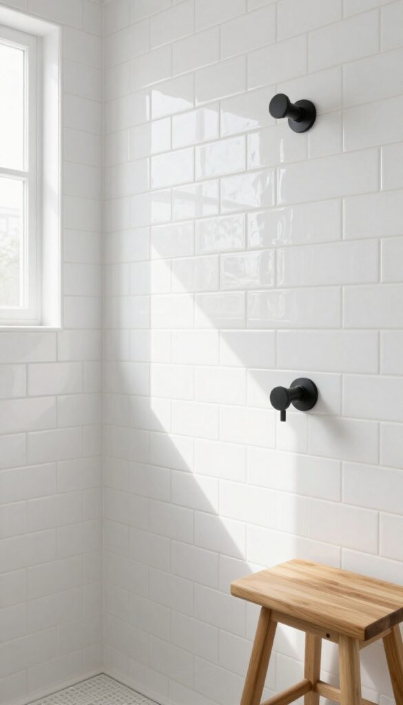 A bright shower with glossy white subway tiles reflecting natural light in a modern bathroom, featuring matte black fixtures and wood accents for contrast.