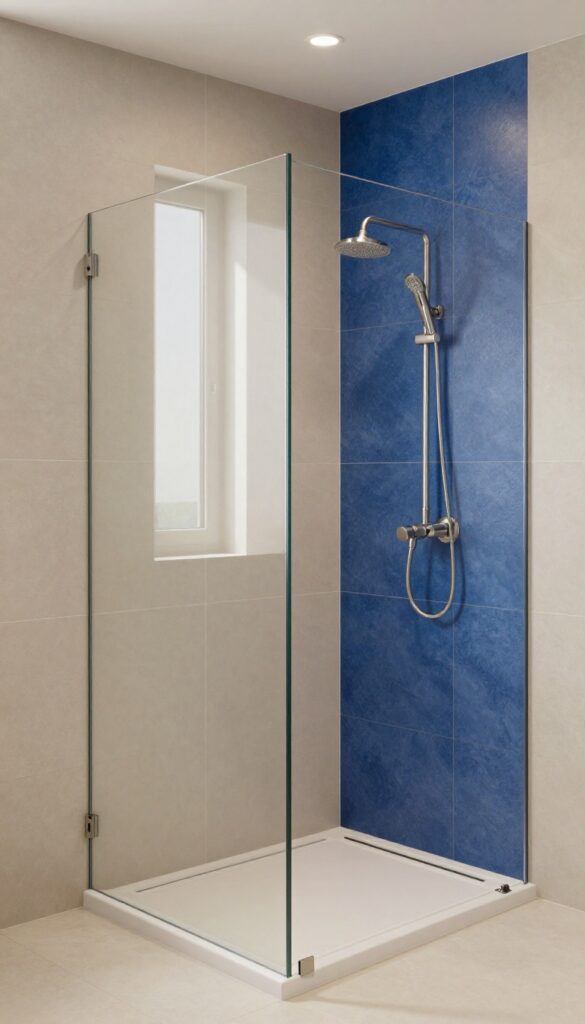 Large tile walk-in shower with one bold blue accent wall