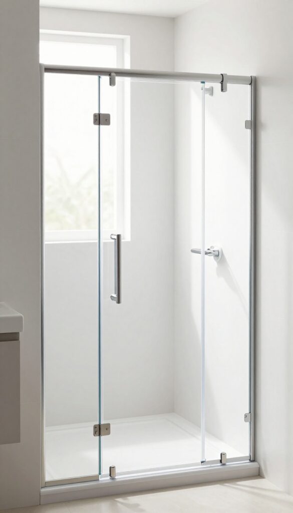 A clear acrylic shower door in a modern bathroom, showcasing an affordable and lightweight alternative to glass with simple chrome hardware and bright natural lighting.