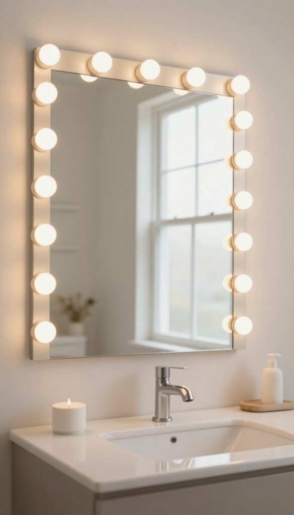 Bathroom vanity with warm LED bulbs mimicking natural light for flattering mirror illumination
