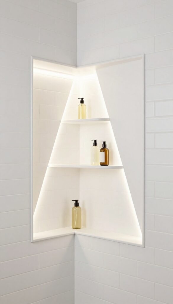 A photorealistic image of a small bathroom shower featuring a corner niche with neatly organized shower products in bright natural light.
