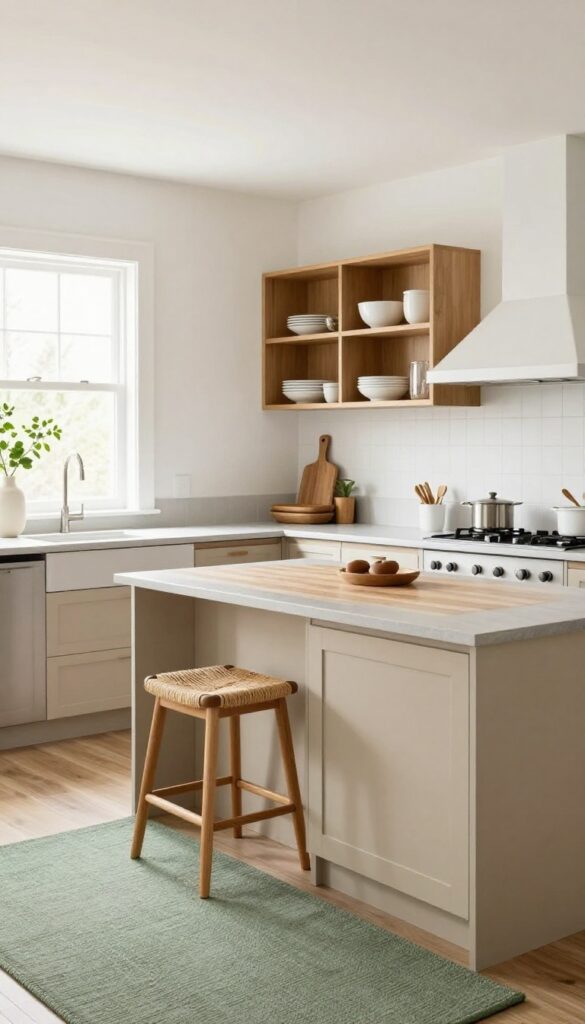 Neutral kitchen with white walls, beige cabinets, gray counters, wooden shelves, butcher block, woven stools, and sage green accents.