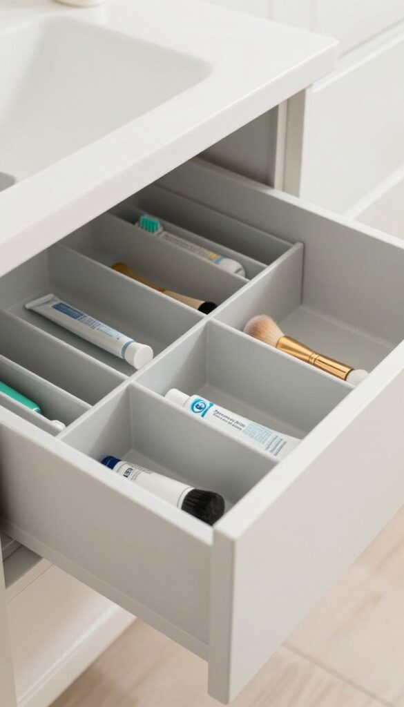 Close-up of an organized bathroom drawer with divider rails separating items like toothpaste and makeup brushes