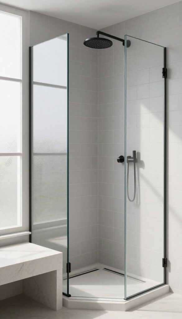 Modern shower with soft grey vertical stacked subway tiles, matte black fixtures, white quartz bench, and clear glass door.