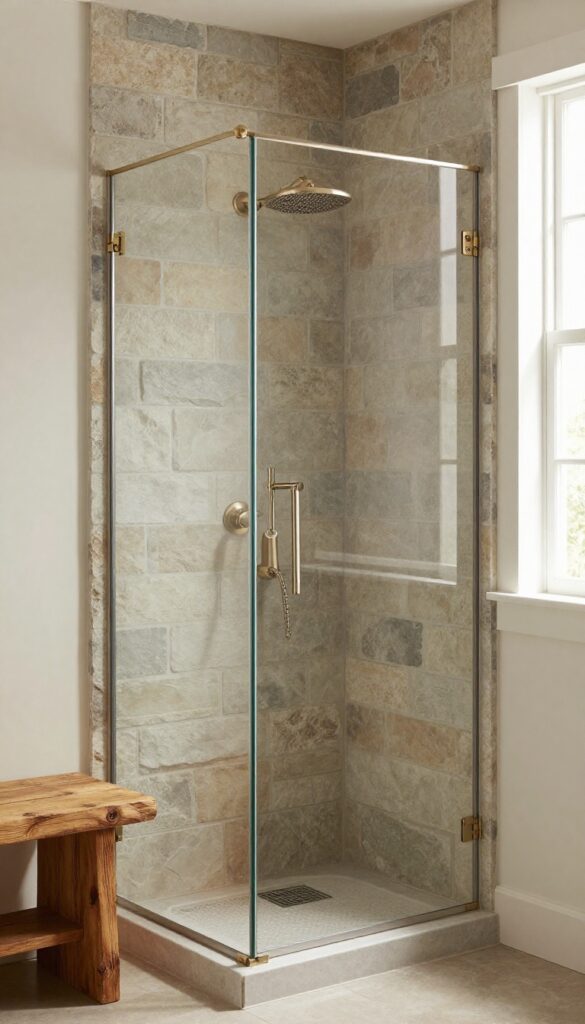 A farmhouse walk-in shower featuring mixed materials including stone tiles, wooden elements, and metal fixtures in a bright, natural setting.