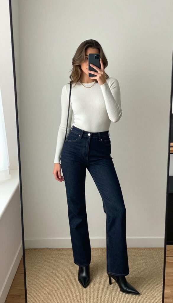 Petite woman wearing high-waisted cropped wide-leg jeans and a fitted white bodysuit, posing in a mirror selfie in a bright, minimalist room.