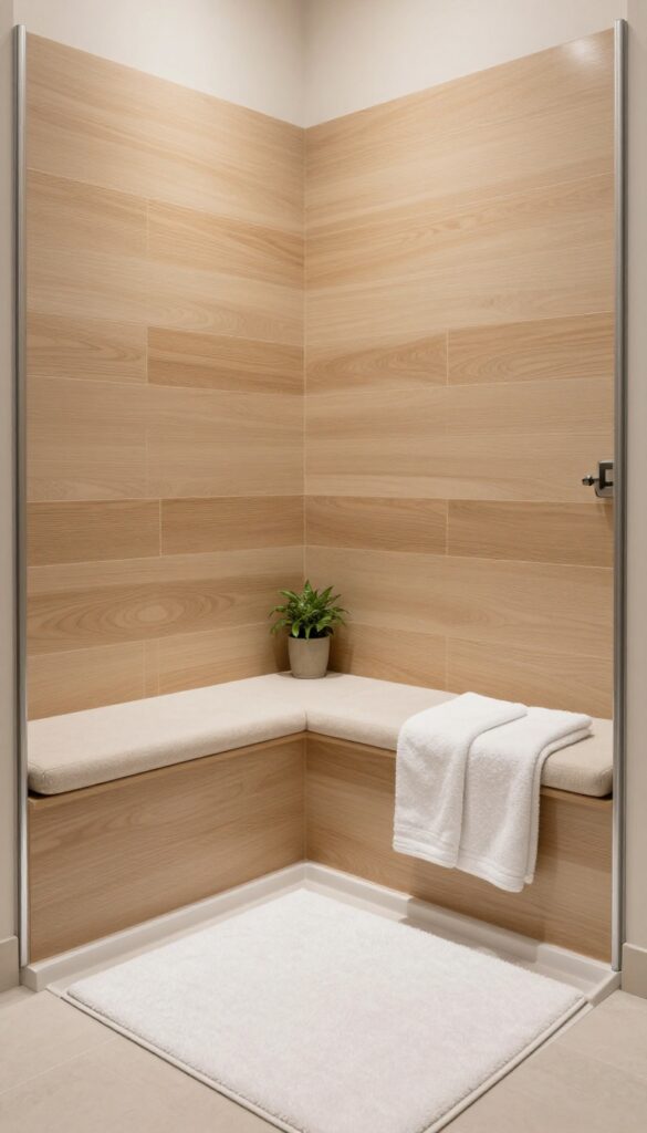 A curved shower bench with soft textiles in a walk-in shower, showcasing comfort and relaxation in a bright, clean bathroom setting.