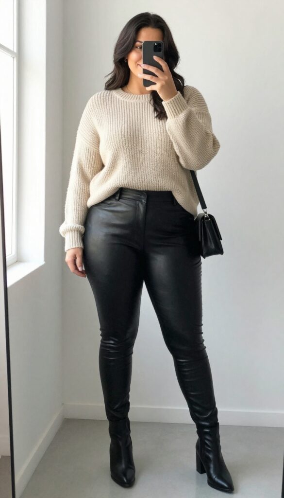 Plus-size woman in black leather pants and cream knit sweater, taking a mirror selfie with phone, wearing ankle boots and minimal jewelry, in bright natural light.