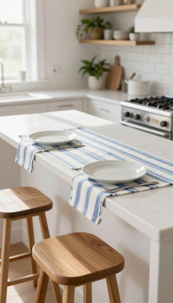 A kitchen breakfast bar with a striped runner and place settings, defining the dining area.