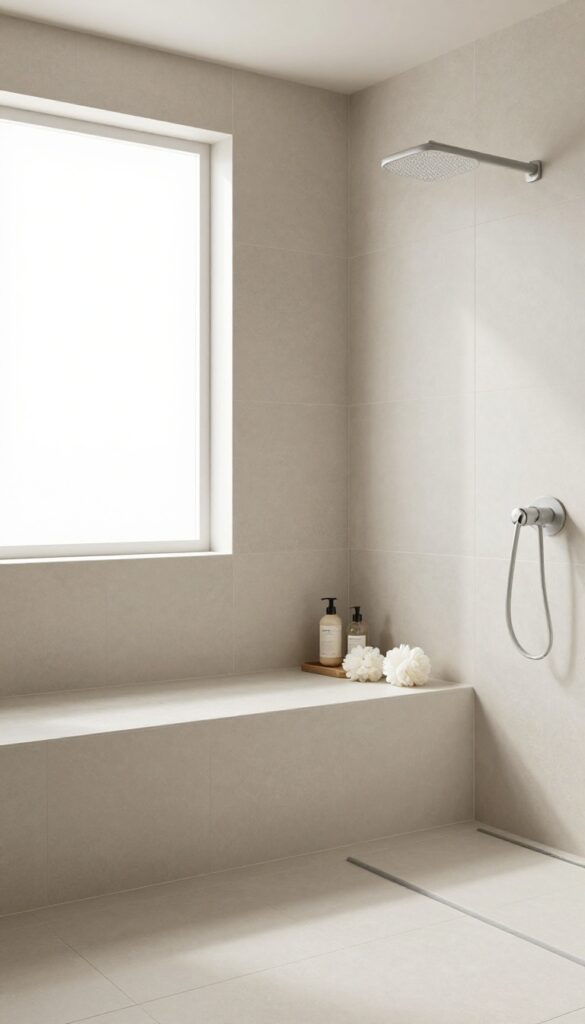 A tiled bench in a shower providing seating and storage to reduce clutter and enhance comfort in a master bathroom.