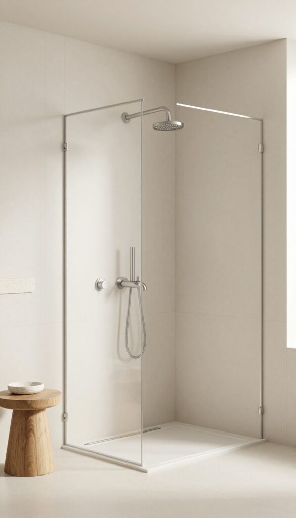 A minimalist curbless shower with wall-mounted fixtures in brushed nickel, set against neutral tiles in natural light, showcasing a clean and modern bathroom design.