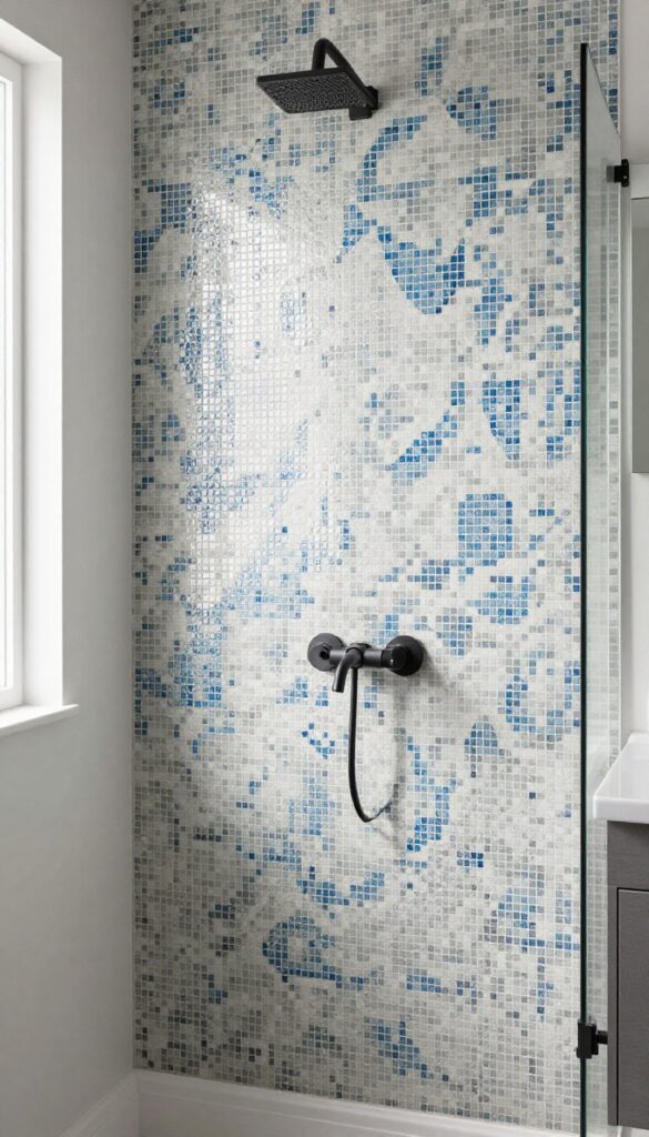 A photorealistic image of a mosaic tile accent wall in a shower area, showcasing intricate patterns with complementary blue and gray tiles under bright natural light, creating visual interest without glass.