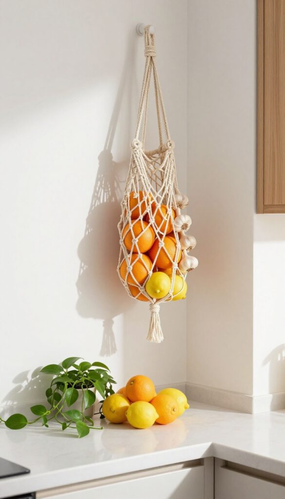 Hanging macrame fruit hammock filled with oranges and garlic in a bright kitchen