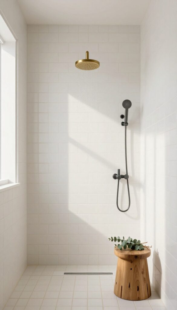 Shower with textured subway tile and warm beige grout, brushed brass fixtures, natural light