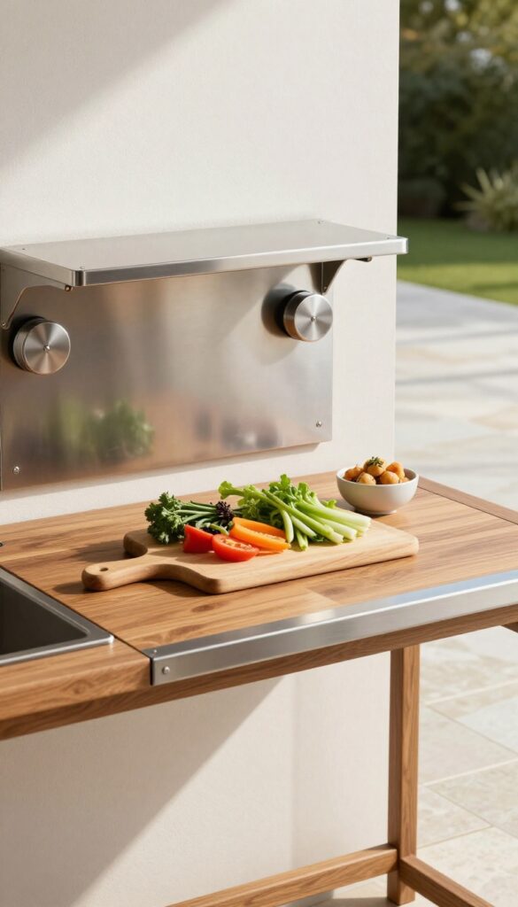 Fold-down counter in outdoor kitchen with prep space and magnetic spice tins