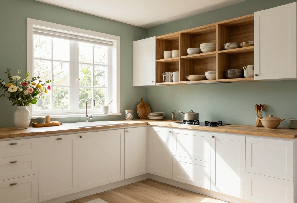 Warm kitchen with white cabinets, sage green wall, wood shelves, and fresh flowers