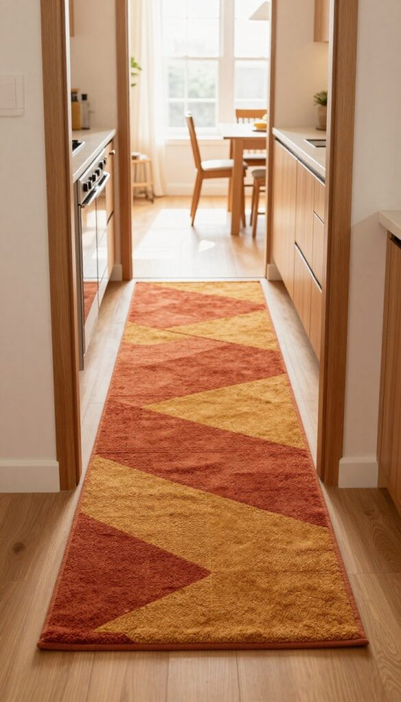 A cozy rug runner on the floor beyond a kitchen pass through, adding warmth and texture.