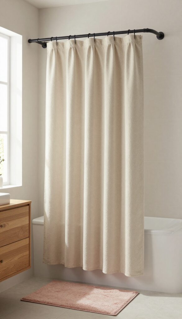 Modern bathroom with stonewashed microfiber shower curtain, warm wood tones, and soft neutral tiles.