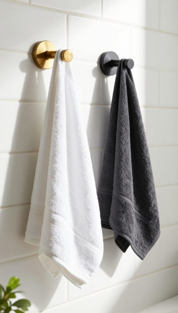 Two decorative towel rings in brass and matte black finishes mounted on a tiled bathroom wall, each holding a folded towel.