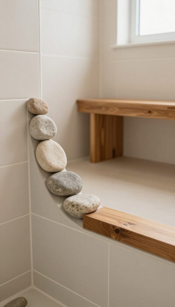 River rock shower curb with smooth wooden top in a small bathroom