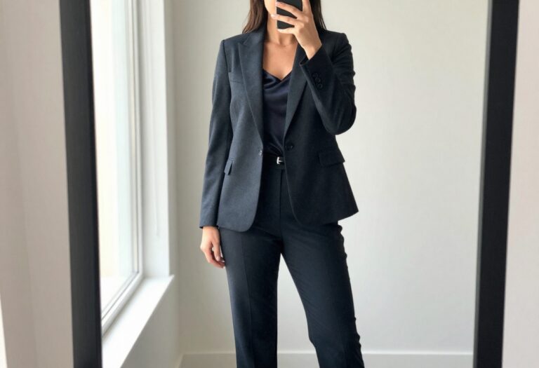 Plus-size woman in tailored blazer and straight-leg trousers posing in mirror selfie in bright office setting