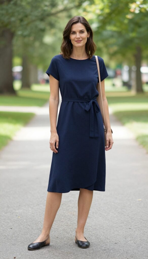 A mom wearing a dusty rose wrap dress with nude ballet flats, carrying a small crossbody bag, standing in a sunlit room with a calm, confident expression.
