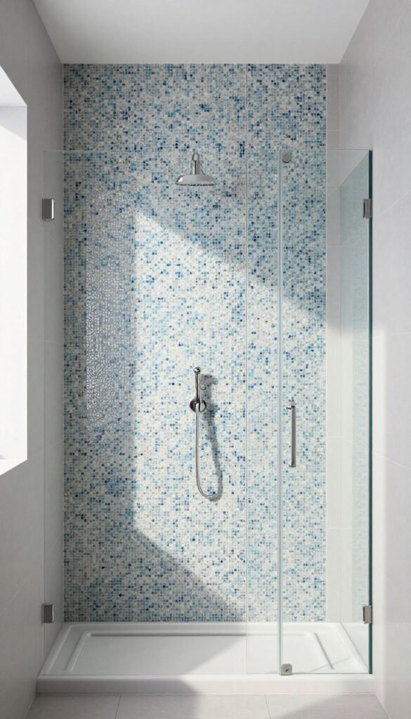 Neo angle shower with mosaic tile accent wall in soft blue and gray