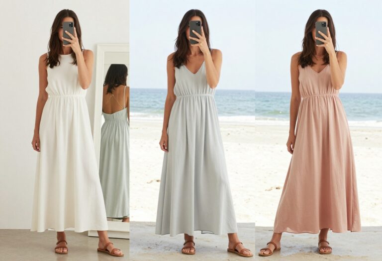 Mom wearing a flowy maxi dress and flat sandals, taking a mirror selfie at a beach vacation spot.