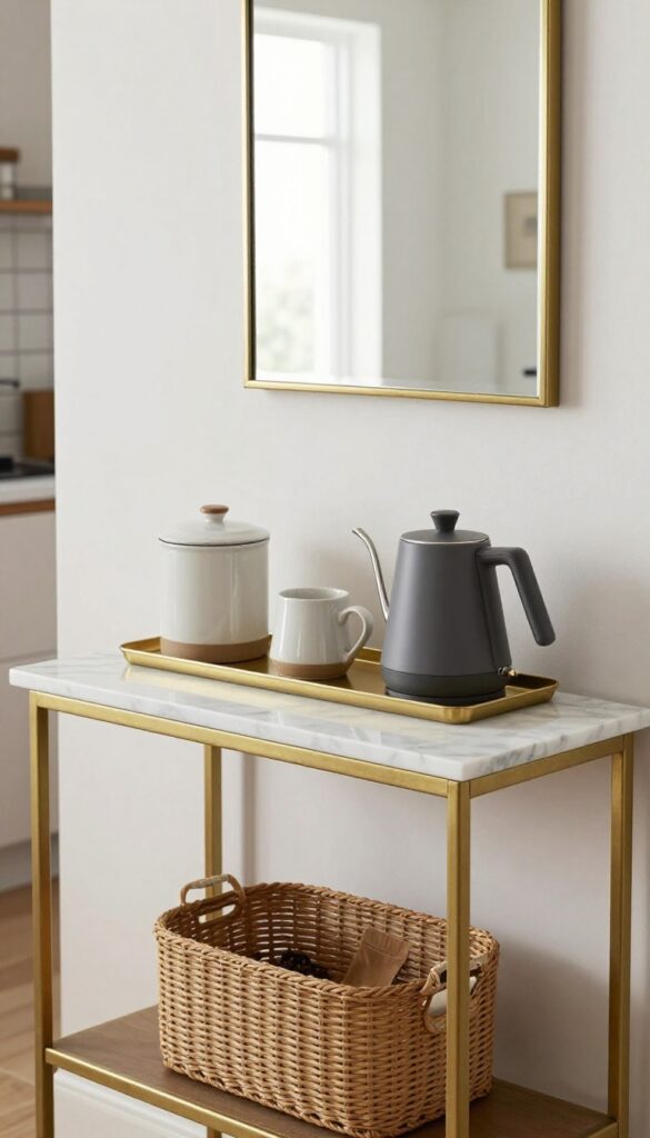 Marble-topped console coffee station with brass accents, mirror, and organized tray in bright kitchen