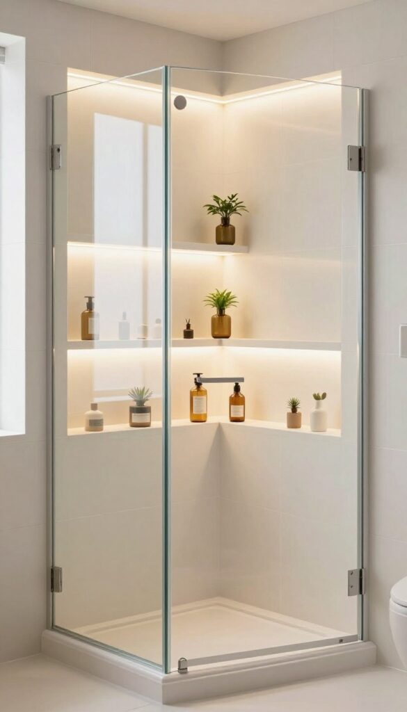 Corner glass shower with built-in niches for storage, featuring matching tiles, LED lighting, and decorative items in a bright, clean setting.