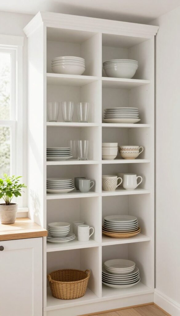 Open shelving in a kitchen with neatly arranged dishes and plants