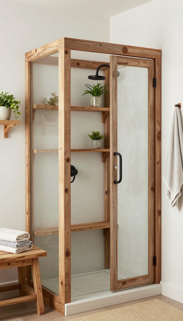 A farmhouse walk-in shower with weathered wood accents including reclaimed wood shelves and a bench, showcasing rustic charm and natural texture in a bright, clean setting with matte black fixtures and soft lighting.